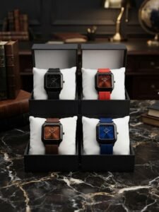 Square dial watch for men and women with silicone strap in black, red, brown and blue colors - GenZ Bazar