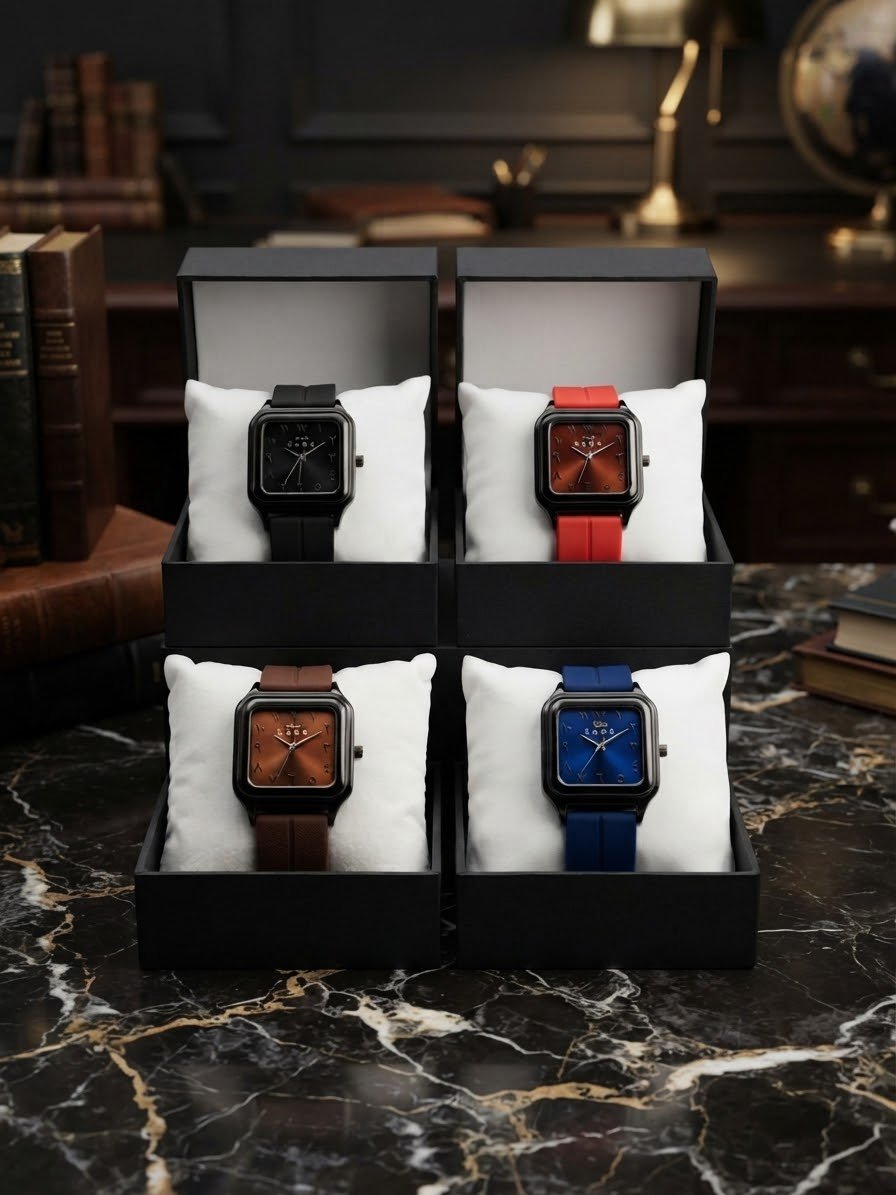 Square dial watch for men and women with silicone strap in black, red, brown and blue colors - GenZ Bazar