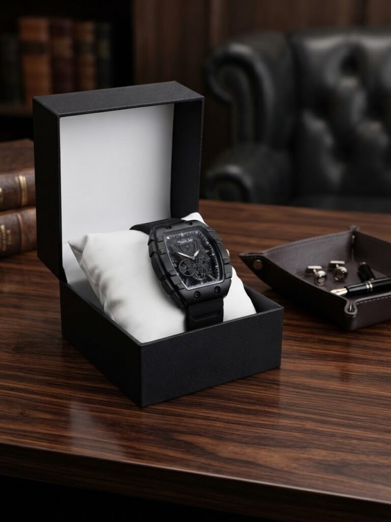 Matte black octagon dial men's watch in open gift box