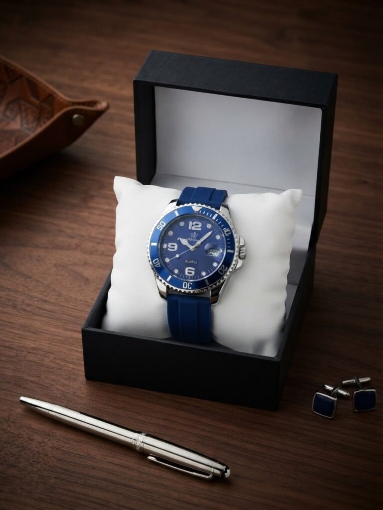 Blue dive watch with rotating bezel and rubber strap in black gift box