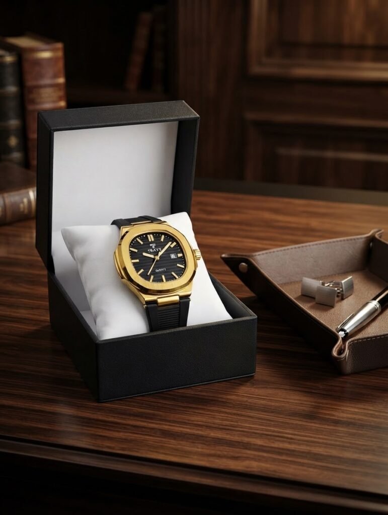 Gold tone men's watch with black textured dial and rubber strap in gift box