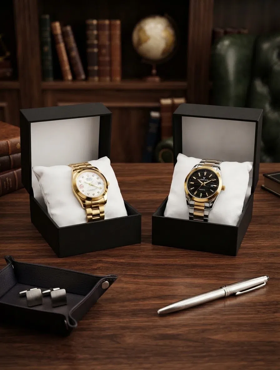Gold diamond dial watch and two tone steel watch displayed in open gift boxes