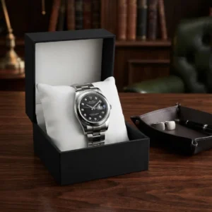 Silver classic watch with black diamond marker dial and oyster bracelet in gift box