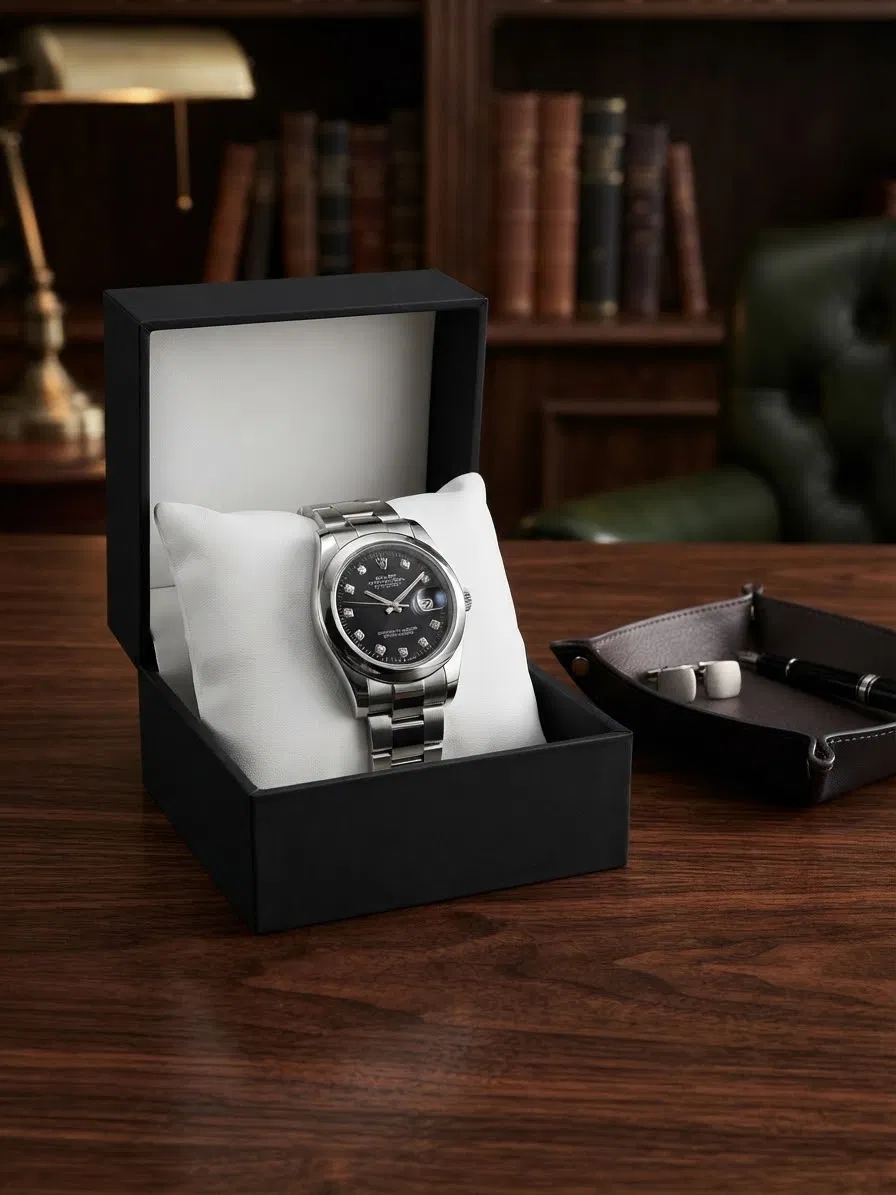 Silver classic watch with black diamond marker dial and oyster bracelet in gift box